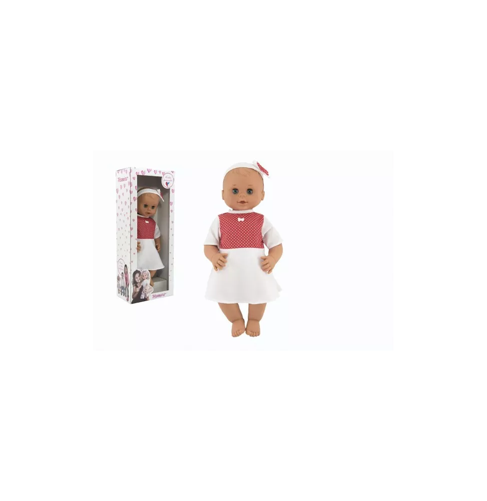 Bábika / Bábätko Hamiro žmurkacia 50cm, pevné telo, šaty biele + červený puntík v krabici 24x60x15cm