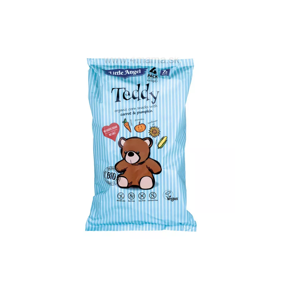 LITTLE ANGEL Teddy – kukuričný snack mrkva a tekvica BIO (4x15g) 60g